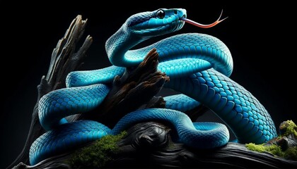 Obraz premium Blue Snake with Tongue Out Perched on Tree Branch