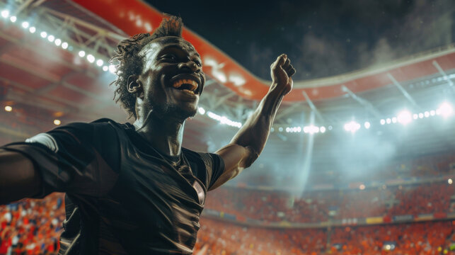 A footballer wearing a black t-shirt exuberantly celebrates victory, echoing shouts of joy amidst the grandeur of a football stadium. A passionate celebration following a victorious game.