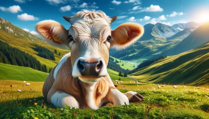 Happy Cow Grazing on Green Alpine Meadow with Mountain Landscape Background - obrazy, fototapety, plakaty