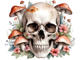 watercolor skull with mushrooms flowers
