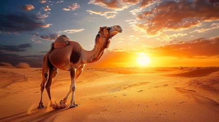 Foto op Plexiglas one camel walking in desert with bag and package on its bag © charunwit