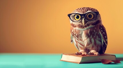 Owl before a solid colored background standing on a book. 