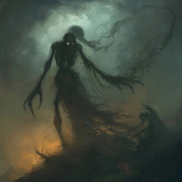 The ghostly demon with a strange shape and skull is floating in the air with long arms in the dark mist of the night.