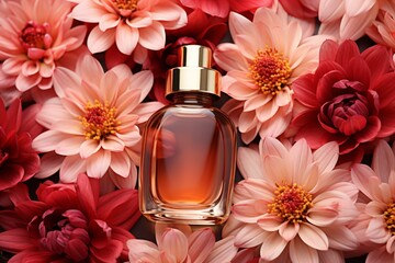 Cosmetics and oils with flowers, top view, bright colors, space for text, realistic setting - obrazy, fototapety, plakaty
