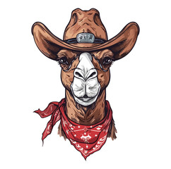 Camel Head wearing wearing cowboy hat and bandana around neck