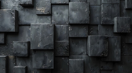 A graphic image of variously oriented black blocks with a smooth, yet textured surface that creates a sense of depth