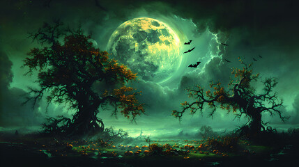 Fototapeta na wymiar Mysterious Halloween Scene with Full Moon and Eerie Trees, Generative AI