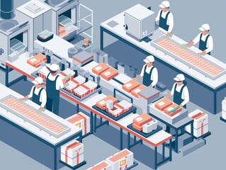 Isometric view of a food processing factory with workers packaging products.