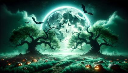 Obraz na płótnie Canvas Magical Halloween Night with Glowing Pumpkins Under Moonlight, Generative AI