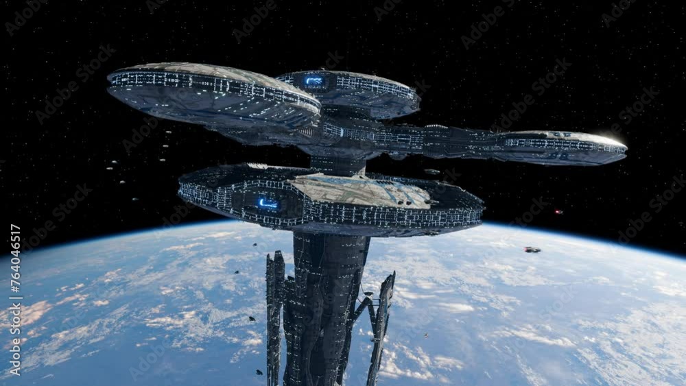 Sticker big spacestation drifting in orbit above an unknown planet in deep space