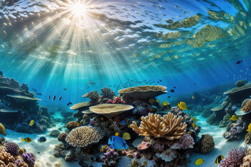 Coral reef and sea under water wild life, ocean fish, diving, sunny day