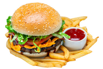 Burger, salad, fries and special sauce