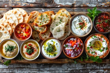 Assorted Traditional Eastern Mediterranean Mezes and Dips with Fresh Herbs on Rustic Wooden Table Background