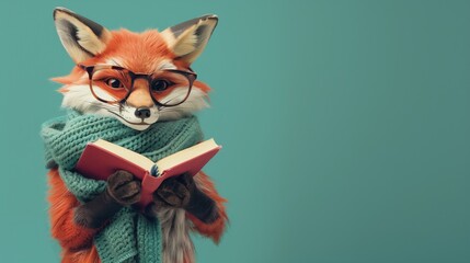 Cute fox before a solid teal colored background with a book in his hand. Education, reading.