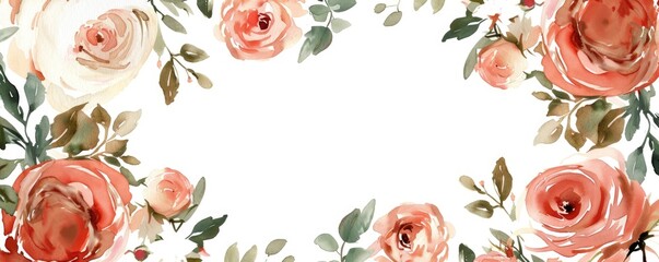 background floral design. beautiful delicate blooming roses. drawn in watercolor technique. floral frame with free space. wallpaper or postcard, invitation