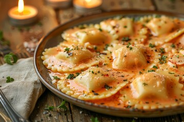 Delicious homemade ravioli on rustic wooden table with candlelight, Italian cuisine, freshly cooked...