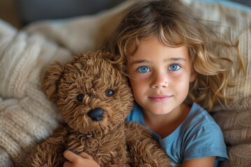 A young girl holds a teddy bear in a warm embrace, her striking blue eyes conveying trust and comfort