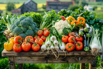 Fresh Assorted Vegetables on Rustic Wooden Table at Outdoor Farmers Market with Green Scenery Background
