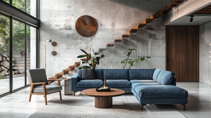 Scandinavian interior design of modern living room, home. Blue sofa under staircase against concrete wall.