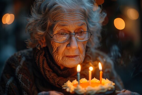 A senior woman with a contemplative expression focuses on birthday candles, symbolizing life's milestones