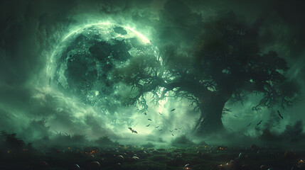 Naklejka na ściany i meble Eerie Green Moon Illuminating Halloween Night in Haunted Forest, Generative AI