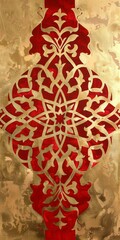 Intricate Stencil Background Pattern of an Arabesque Tile in Red and Gold created with Generative AI Technology