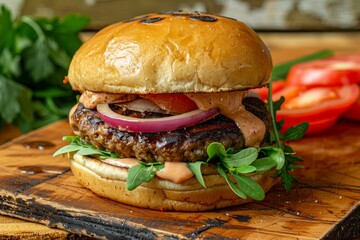 Gourmet hamburger with juicy patty, fresh vegetables, and savory sauce on a wooden cutting board