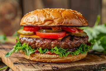 Juicy Grilled Beef Burger with Fresh Lettuce, Tomato, Onions, and Pickles on a Rustic Wooden Table