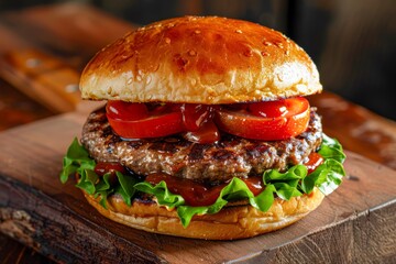 Juicy Grilled Hamburger with Fresh Lettuce, Tomato, and Sesame Seed Bun on Rustic Wooden Background