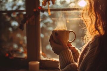 : Woman Embracing Warm Coffee Mug by Sunlit Window with Golden Leaves Outside