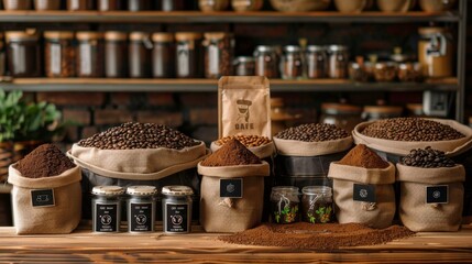 Artisan Coffee Roasting: Burlap Sacks of Beans and Ground Coffee in Rustic Cafe Setting