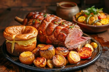 Rustic Roasted Lamb Leg Platter with Potatoes, Vegetables, and Bread on Wooden Table