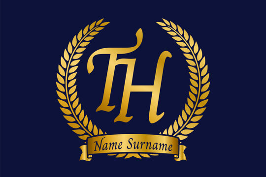 Initial letter T and H, TH monogram logo design with laurel wreath. Luxury golden calligraphy font.