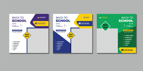 School admission social media post design template. Back to school online marketing banner layout.