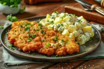 Fototapeta premium Traditional Breaded Crispy Chicken Cutlet with Potato Salad on Rustic Plate with Herbs