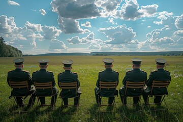 Rear view of seated officers in a blooming field, symbolic.