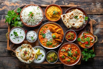 Traditional Indian Cuisine Assortment, Various Curry Dishes with Rice and Naan Bread on Rustic Wooden Background