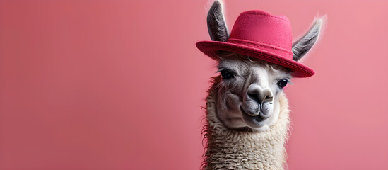 A funny llama wearing a cap on a pink background, perfect for April Fool's Day or any playful celebration - obrazy, fototapety, plakaty