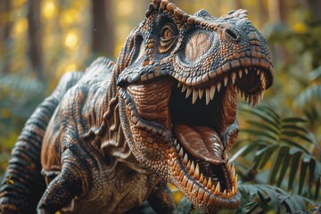 Intense close-up of a roaring Velociraptor model, featuring its sharp teeth and detailed skin texture in the heart of a dense jungle