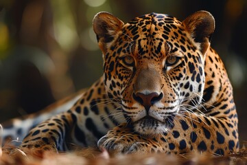 Captivating image of a leopard at rest, exuding elegance and power amidst the forest floor