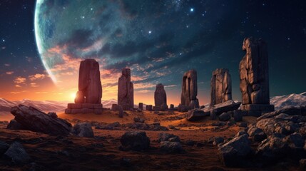 Ancient Alien Civilization Ruins in an Outer World in the Cosmos with Planets - obrazy, fototapety, plakaty