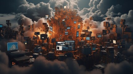 an inviting scene featuring a network of cloud-connected devices. - obrazy, fototapety, plakaty