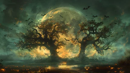 Fotobehang Mystical Halloween Night with Illuminated Pumpkins and Haunting Moon, Generative AI © Crowcat