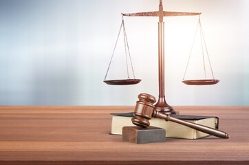 Legal scales and wooden Judge gavel. Law concept