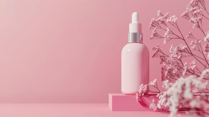 Serum bottle in pink background, skincare product mockup