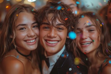 Group of teenagers having fun, taking photo together at school prom