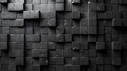 A 3D rendered texture of symmetrical black cubes forming an uninterrupted geometric wall pattern