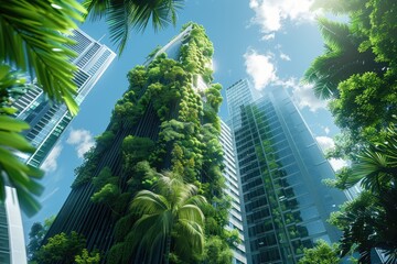 Fototapeta na wymiar Sustainable architecture with green skyscrapers - Dreamy image displaying eco-friendly skyscrapers adorned with lush greenery under a blue sky, symbolizing sustainable urban development