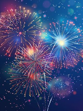 Colorful fireworks blooming against blue sky - Eye-catching image of multicolored fireworks blooming in the sky, representing joy and grandeur of celebratory events