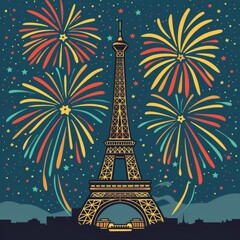 Fireworks display over Eiffel Tower at night - A vivid illustration of a night sky filled with colorful fireworks behind the iconic Eiffel Tower in Paris